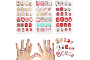 KIIWAH Boże Narodzenie paznokcie do naklejania dla dzieci, pełne pokrycie, krótkie sztuczne paznokcie, końcówki do paznokci dla dziewczynek, dekoracja do samodzielnego wykonania (styl 3)