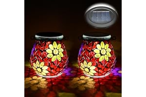 TOTHDATE 2PCS Oval Solar Mosaic Lights Outdoor, On/Off Glass Hanging Solar Mosaic Lanterns Lights IP65 Waterproof for Table Lawn Path Courtyard Deck Fence, Flowers Mosaic Light 2
