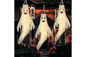 SHCHME Halloween Ghost Windsocks, 3pcs Hanging Ghost Windsocks With Led Light For Halloween Outdoor Decorations