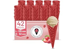 ‎MÜLHEIMER MANUFAKTUR MyNaschbar Süße Rote Eiswaffel Erdbeer Geschmack 42 Stück, 135 mm lang, Ø 52 mm, VEGAN – Essbare Eistüten perfekt für 1-2 Kugeln Eis oder Softeis – Eiswaffeln Hörnchen in Eisdielen-Qualität