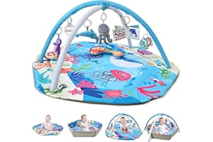 TFDER 8-in-1 Baby Spieldecke mit Spielbogen, Multifunktionsspielbogen für Neugeborene mit Bällebad und mit abnehmbaren sensorischen Spielzeugen, Krabbeldecken für Babys ab 0+ Monaten(Blau)