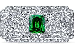 BLING JEWELRY Big Vintage Estate Jewelry Scroll Cubic Zirconia Simulated Green Emerald Red Ruby Blue Sapphire AAA CZ Rectangle Filigree Statement Art Deco Style Brooch Pin For Women Silver Plated