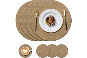 KERYCHIN 4 Round Leather Placemats(34cm) and 4 Coasters(10cm) Set, Heat-Resistant 212 °F Place mats, Non-Slip and Waterproof, PU Tablemats for Kitchen Indoor, Outdoor Glass Dining Table, (Beige)