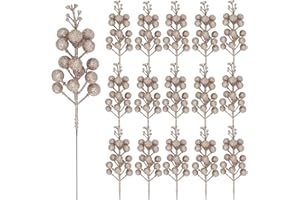 KKSTY Pack of 16 Christmas Glitter Berry Stem, Artificial Berry Picks Holly Berries Branches for Christmas Tree Decoration Wreath Making Supplies DIY Crafts Holiday Season Winter Home Decor (Champagne gold)