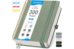 EMSHOI A4 Graph Paper Notebook, Spiral Notepad 150 Sheets/300 Pages, 100gsm, Hardback, Sticky Notes, Pocket, Pen Loop, Ruler, Bookmark, Squared Journal for Women Men Writing, 21x28.5cm, Sage Green