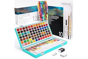 CHROMATEK Watercolor Paint Set, 128 Vivid Colors in Portable Box, With Pad, Brushes and Everything Else you Need to Start Painting, Travel Kit