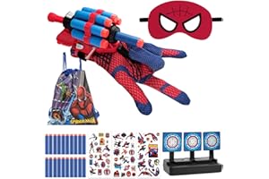 Aila Spider Web Shooter, 33PCS Spider Web Shooter Toy for Kids, Spider Launcher Wrist Toys Set Contains 1 Gloves, 1 Launchers, 25 Suction Cup Dart, 1 Mask, Target, Spider-Man Bag, 3 Stickers