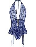 EVELIFEWomen Sexy Deep V-neck Lace Teddy Bodysuit with Garter Belt, Halter Garter Lingerie Set with Thong