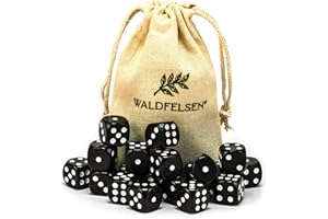 6, 12, 20, 30 oder 50 hochqualitative Würfel von Waldfelsen® Standardgröße 16 mm Acrylwürfel Knobel Spielwürfel Dice 6-seitig sechsseitig Spielzubehör Set mit Stoffbeutel (Schwarz, 20 Stück)
