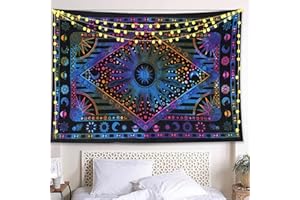 THE ART BOX, Arazzo da parete blu fluorescente, motivo mandala con sole e luna, in stile hippie e bohémien, per camera da letto