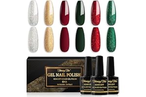 Shining She Smalto Semipermanente Unghie Natale,6 Colori Glitter Rosso Verde Bianco Oro Smalto Semipermanente Soak-Off UV Adatto per Nail Art Femminile Di Famiglia,Natale Nail,8ML