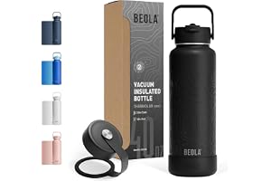 BEOLA 1200ml Vacuum Insulated Water Bottle, Double Wall Stainless Steel Thermos Bottle with wide mouth, 2 lids included, Hot Cold Water Flask, Large Sports Bottle with straw lid, 40oz (Mountain Black)