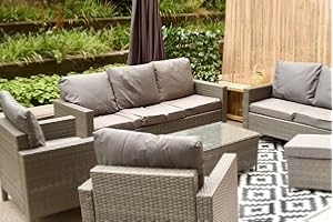 Wowcher 8-Seater Rattan Garden Furniture Set - 3-Seater Sofa, 2-Seater Sofa, 2 Armchairs, Stool & Glass Topped Coffee Table Padded Cushions Black Brown Grey (Grey Greenwich)