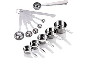 Yuning Edelstahl Messbecher und Löffel mit Messlineal, Scoop mit Clip,Küche Umrechnungstabelle Set von 12er-Set, für Trockene und Flüssige Zutaten (Silber)