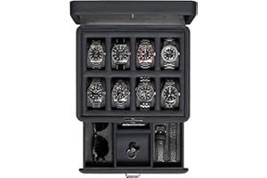 ROTHWELL Boîte à montres de luxe pour 8 montres - Ecrins pour montres en cuir synthétique avec couvercle en verre véritable - Tiroir coulissant pour accessoires avec plusieurs compartiments (Carbone)