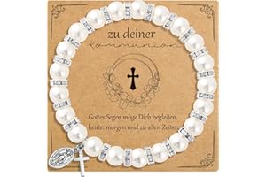 GIFT4U Armband Jungfrau Maria Perlenarmband mit Kreuz Rosenkranz Armband mit Kreuz Kommunion Geschenk zur Kommunion für Mädchen Christlicher Schmuck für Mädchen mit Glückwunschkarte