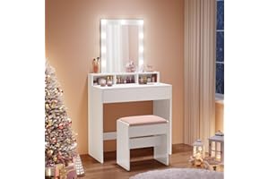 VASAGLE Schminktisch mit LED-Beleuchtung, Sitzhocker, Kosmetiktisch mit 2 Schubladen und 3 offenen Fächern, Makeup-Hocker aus Samt, für Schlafzimmer, weiß und mattweiß-pastellrosa RDT714W01