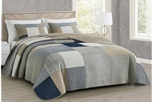 Chezmoi Collection Addy 3-częściowy zestaw poszewek, granatowy, białe paski, taupe, jednolity, patchwork, wstępnie wyprana bawełniana lekka narzuta na łóżko, dwustronna, King