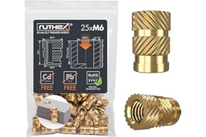 ruthex Inserto filettato M6-25 pezzi RX-M6x12.7- Boccola filettata in ottone- dado di inserimento per parti in plastica - utilizzabile in parti in plastica stampate in 3D tramite calore o ultrasuoni