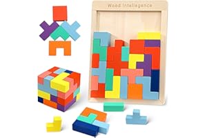QH-SHOP Puzzle Tetris de Madera, Juguete de Rompecabezas de Madera Tangram con 30 Colorido Bloques, Geométricos Juegos Educativo Regalo para Niños 3 4 5 6 Años
