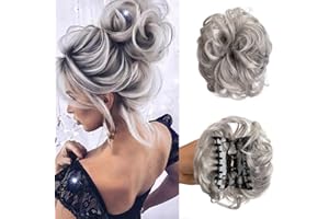 SWY HAIR Claw Clip Messy Bun Hair Piece Wavy Curly Large Hair Bun Clip in Claw Chignon Ponytail Hairpieces Synthetic Tousled Updo Hair Extensions Scrunchie Hairpiece for Women (Silver)
