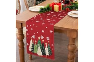 Serento Camino de Mesa Navideño Rojo de 40 x 140 cm, con Árboles de Navidad y Copos de Nieve, Ideal para Navidad, Decoración Rústica para Cocina, Comedor, Interior y Exterior, Ideal para Cenas (Rojo)