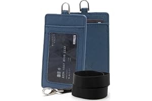 WLine Porta Badge da Collo in Pelle PU Saffiano - Portabadge con Taschino Trasparente Anteriore (Blu Saffiano Verticale)