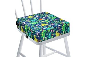 HAWAKA Toddler Booster Seat for Dining Table, Portable Dining Chair Heightening Cushion, Washable Adjustable Booster Chair Increasing Cushion for Kids with Safety Buckles (Green Dinosaur, 32 * 32 * 8.5cm)