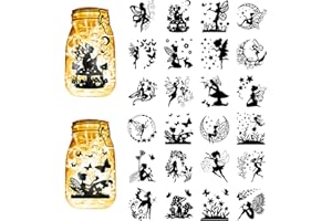 CREATCABIN 24 Stück Feen-Silhouetten,Einmachglas-Dekor,Engel,Laterne,Laserausschnitte,Ornamente,Pilz,Schmetterling,Sammelalbum Für Milchglas,Wand,Fenster,Autos,Schwarz,10x9cm(Ohne Aufkleber)