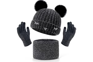 BAYNETIN D'hiver Bonnets, écharpes, Gants Tactiles, Pour écran Tactile Pour Garçons et filles de 3 à 10 Ans, Lot de 3 Doublure en Polaire Chaude-Pompons-Bonnet-Gants Tactiles et écharpe