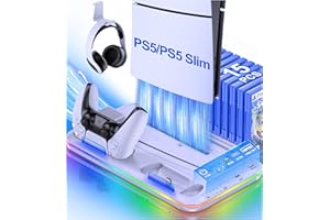 HELLCOOL PS5 Ständer mit PS5 Lüfter, PS5 Standfuß für Alle PS5 Disc/Digital Edition/PS5 Slim, Controller Ladestation/Headset Halterung/15 Spiele Lagerung, Zubehör für Neueste PlayStation 5 Konsole