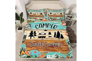 MANFEI Happy Camping Fitted Sheet Single Size, Camper RV Trailer Bedding Set 2pcs for Kids Boys Room Decor, Blue Grey Wooden Plank Bed Cover with 1 Pillowcase, Soft Polyester Bedding