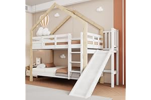 RVJIAHE Etagenbett mit Rutsche und dreistufiger Winkelaufstiegsleiter, Hausbett mit mit Absturzsicherung, Kinderbett, Bettrahmen aus Massivholz, Weiß+Natur, 90x200cm (Weiß+Natur, 90x200cm)