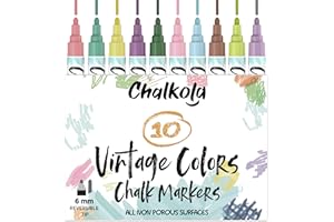 Chalkola Liquid Chalk Pens for Blackboard, Chalkboard, Whiteboard, Window, Labels, Glass, Board - (10 Vintage Colours) Wipeable Paint Chalk Markers, Washable Ink, 6mm Reversible Bullet & Chisel Tip