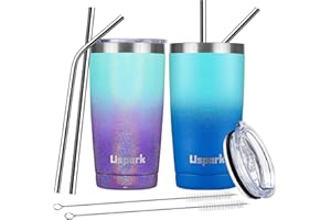 UsparkMC Insulated Cup, Stainless Steel Tumbler with Lid and Straw,550ml/20oz,Double Wall Vacuum Travel Mug for Hot & Cold Drinks, Reusable Cup, BPA-Free - Set of 2,Blue & Purple