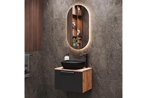 ‎PLANETMÖBEL Planetmöbel Astra Badmöbel Set mit Waschtisch 60 cm Gold Eiche Anthrazit, Aufsatzwaschbecken 42 cm schwarz