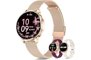 Iaret Reloj Inteligente Mujer con 3 Correas, 1,27" Pantalla AMOLED, Smartwatch Redondo con Llamadas Bluetooth, 120+ Modos Deportivos, SpO2/Pulsómetro/Sueño, para Android iOS, Regalo, Oro Rosa