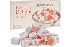 DORIMED Loukoums à la Rose, Délice turc au goût de rose de Koska | Format cadeau 500 gr | Confiserie traditionnelle de luxe | Vegan | Halal | Casher | bonbons mous Dessert Lokum (Loukoumi) | Sans Gluten