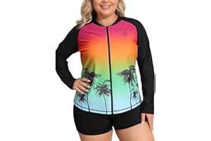 ATTRACO Womens Rash Vest Plus Size Long Sleeve Swim Top Zipper Long Sleeve Rash Guard UPF50+ Swimsuit