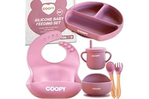 COOPY® Silicone Baby Weaning & Toddler Feeding Set | Plate & Bowl with Suction | Weaning Adjustable Bib, Sippy Cup, Bamboo Fork & Spoon | Microwave Safe, Eco Friendly, BPA Free, Easy Clean (Dark Pink)