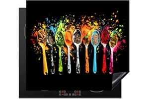 KitchenYeah© Protege Plaque Induction 60x52 cm Decoration Cuisine Tapis de Protection Pour Plan De Travail Cuisson Protégé Cuillères - Épices - Modern - Graffiti - Coloré