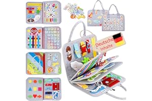 Esjay Busy Board Deutsch Montessori Spielzeug, Activity Board Kleinkinder Motorikspielzeug, Geschenk Junge Mädchen Kinder, Lernspielzeug, Motorikbrett für Reise Auto Flugzeug, Deutsch Grau