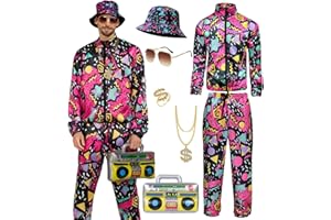 Ginkago Costume rétro des années 80 et 90 pour homme - Avec veste, pantalon, chapeau, collier hip-hop, anneaux, lunettes radio gonflables, lunettes disco gonflables, costume de survêtement pour fête à