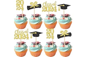 SYKYCTCY 36 Pack 2024 Graduation Theme Cupcake Toppers Glitter Class of 2024 Graduation Cap Diploma Cupcake Picks 2024 Graduation Theme Party Cake Decorations Supplies Gold