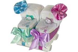 DUBISTDA -WINDELTORTEN- Gâteau de couches - Poussette double - Bleu/rose - Cadeau pour frères et sœurs - Poussette à couches + 2 bavoirs avec nom