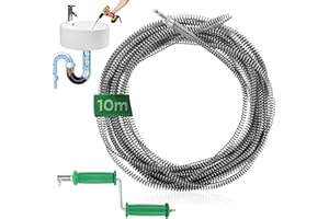 NASTOPEE Alambre Desatascador Tuberias,10M*10mm Cable Desatascador Tuberias Fregadero Espiral de Limpieza Profesional con Adaptadores Eléctricos Manuales Fregaderos Cocina Cañerias Desagües Inodoros Obstruidos