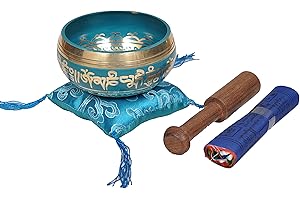 Tibetan Singing Bowl Set By Dharma Store - With Traditional Design Tibetan Buddhist Prayer Flag - Handmade in Nepal (Turquoise)
