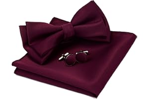 Gusleson Mens Solid Color Two Layer Pre-tied Bow Tie and Pocket Square Cufflink Set with Gift Box