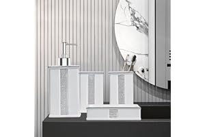 HKDZ 4 Pieces Bathroom Accessories Set, Luxury Ceramic Bathroom Organiser with Diamante, Modern Vanity Organiser Kit with Toothbrush Holder, Soap Dish, Soap Dispenser Home Decor, White