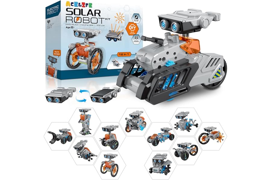 ACELIFE Solar Robot Toy,12 in 1 STEM Toys for Kids Age 8-12, Solar Power Building Toy with Solar Panel and Battery,Educational Engineering Robotics Christmas Birthday Gifts Toy for Boys Girls (Grey)